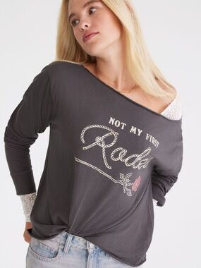 Aeropostale Charcoal Off-Shoulder Graphic Top with Cream Accents